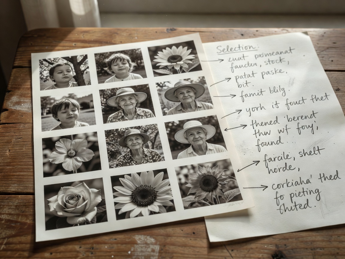 A small contact sheet of backyard portraits and flower details beside handwritten selection notes