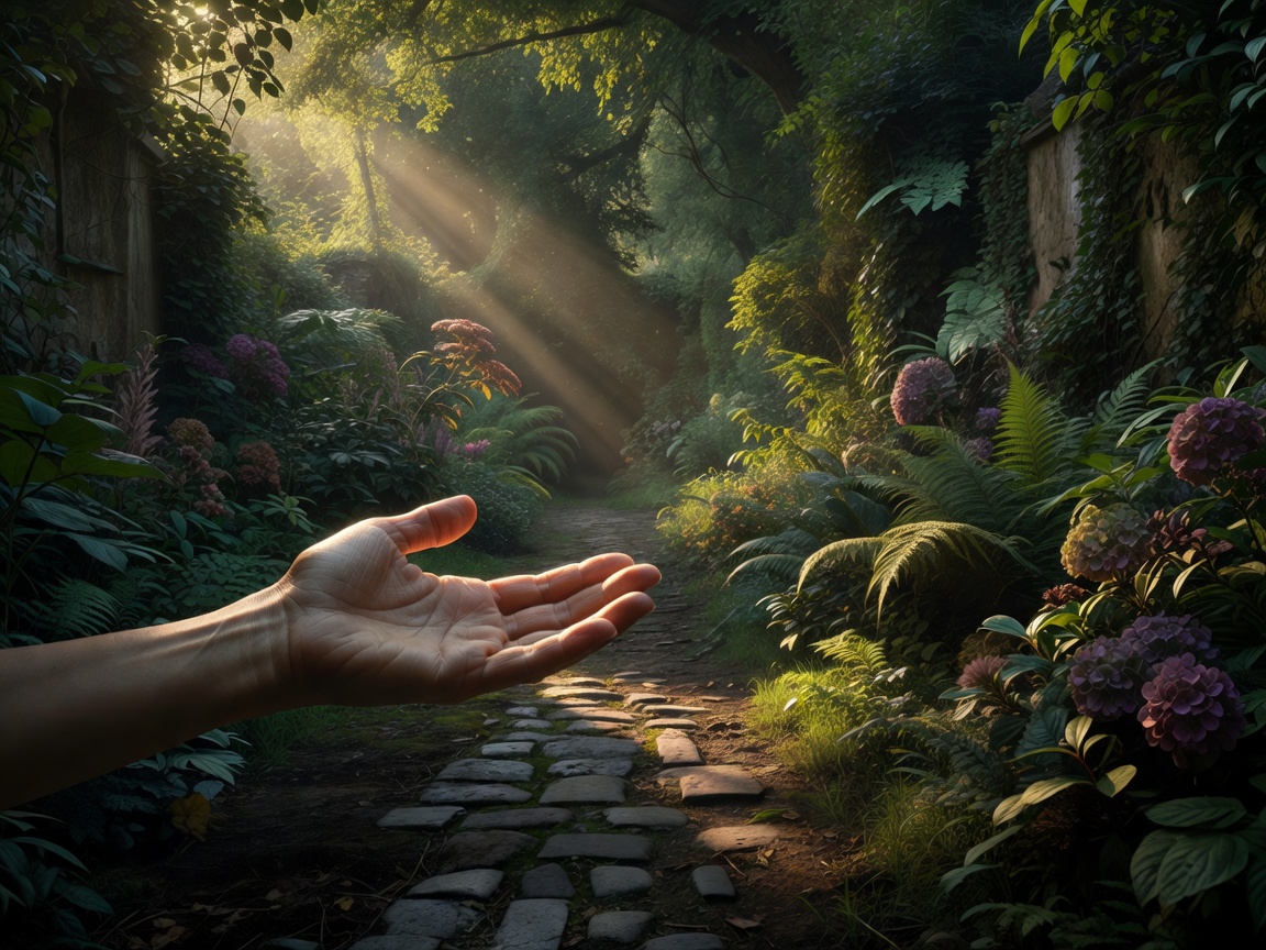 An outstretched hand turned toward soft light beside a shaded garden path