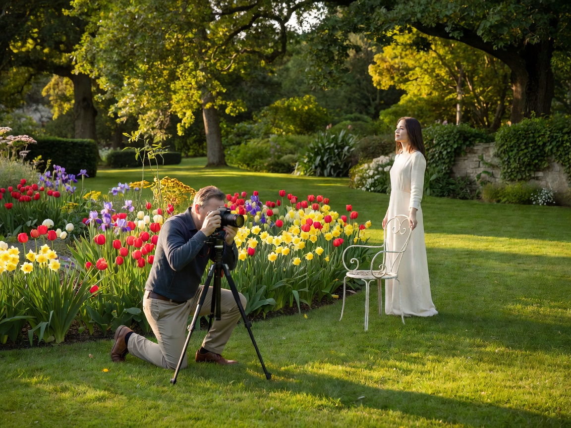 A photographer changing position beside a flower bed while a portrait subject waits near a garden chair
