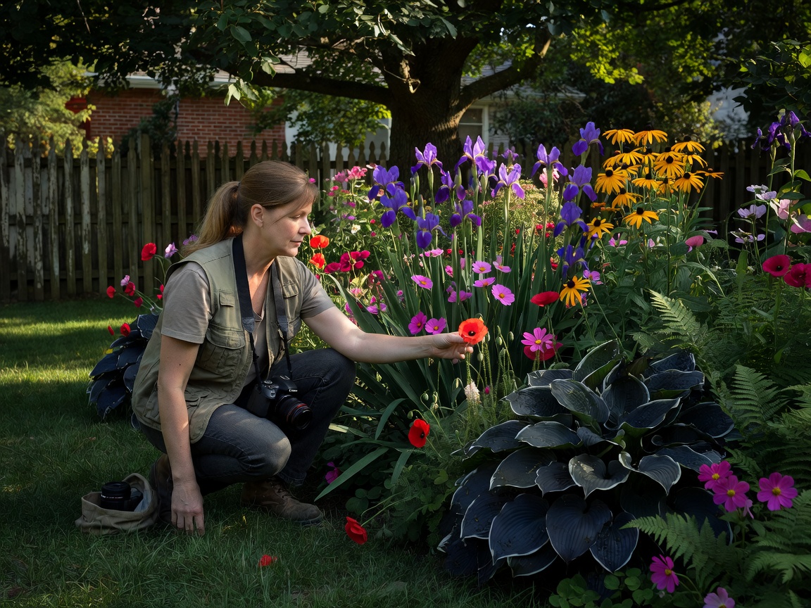 A photographer crouching beside a backyard flower bed to place a single bloom against shaded foliage