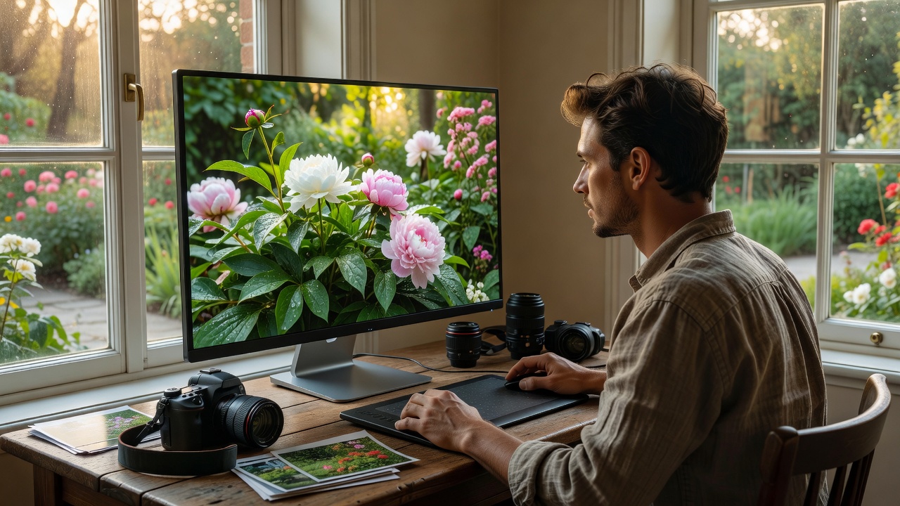 A photographer reviewing a garden portrait on a screen near a softly lit window