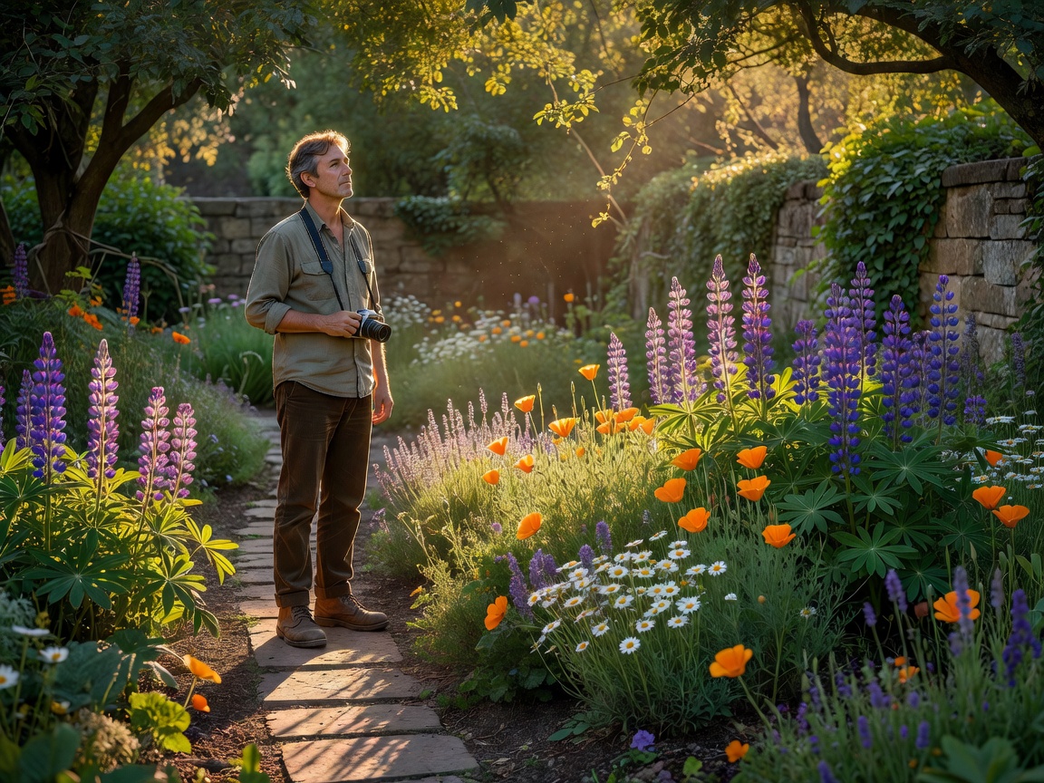 A photographer standing quietly in a small garden, looking at light falling across a flower border