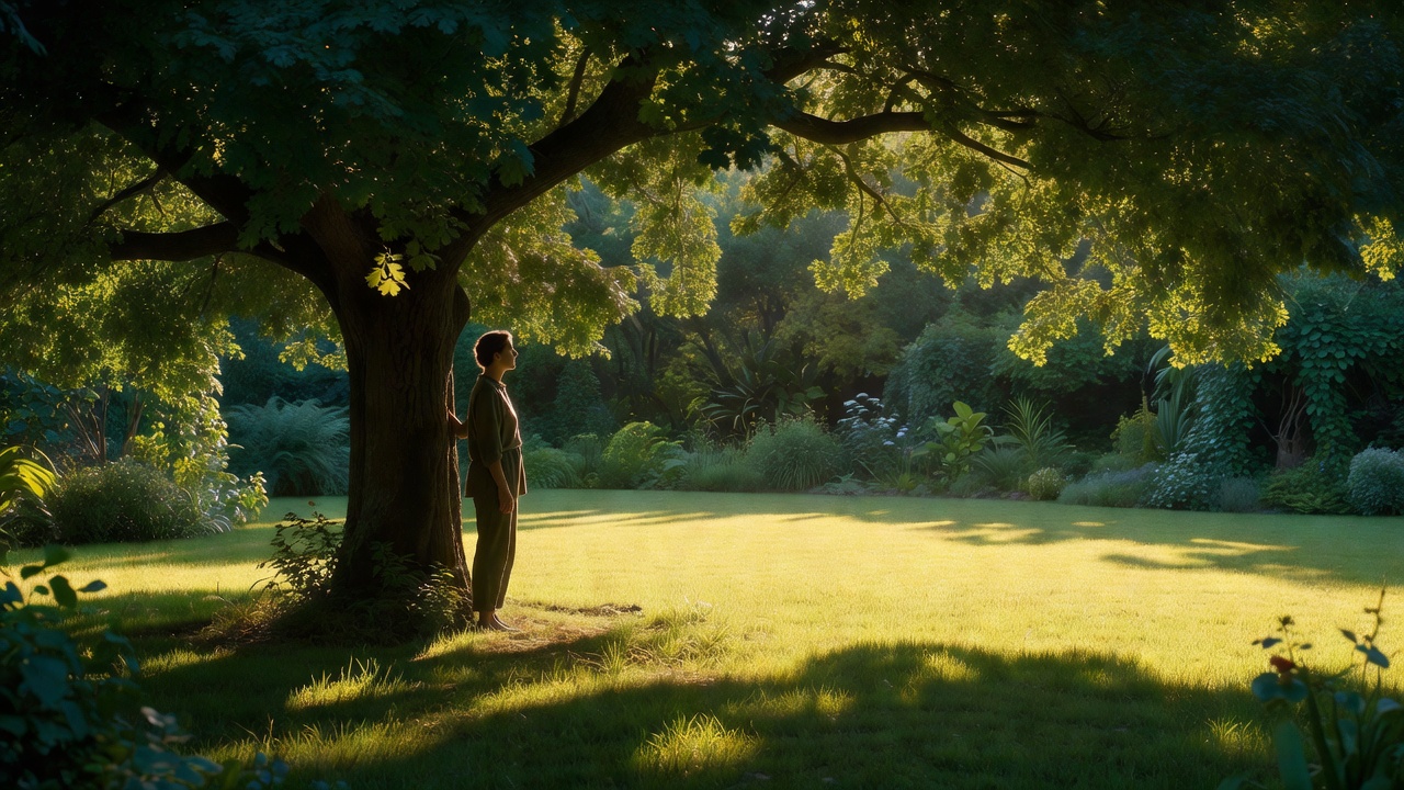 A person at the edge of tree shade facing the bright open lawn, with foliage behind