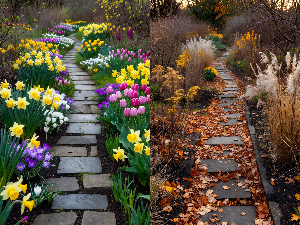 Paired views of the same backyard path, with spring flowers on one side and autumn seed heads on the other