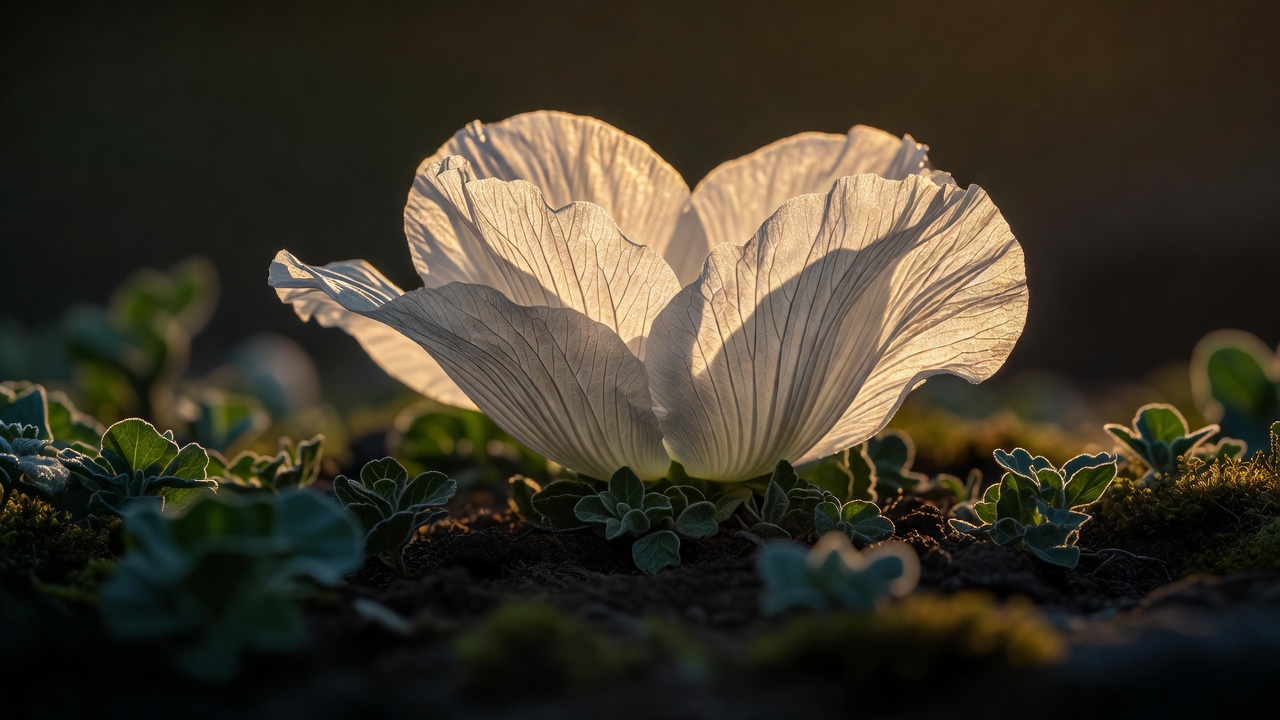 Backlit flower petals with visible veins above a dark, softly focused garden border